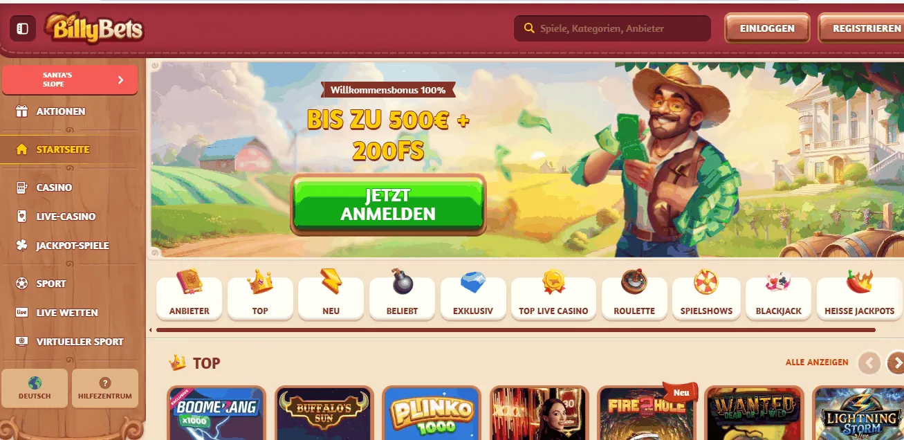 Billy Bets Casino Willkommensbonus-Banner und Spielkatalog