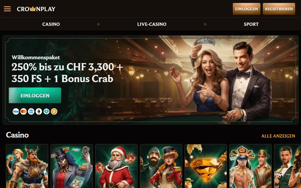 Crownplay Casino Willkommens Bonusbanner und Spielkatalog